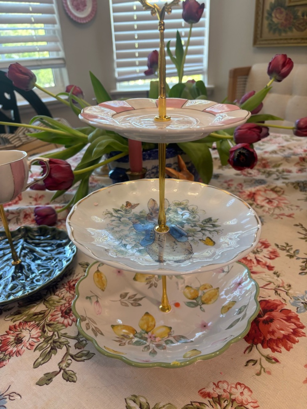 Three-Tier Porcelain Serving Stand in Pink, Blue & Yellow